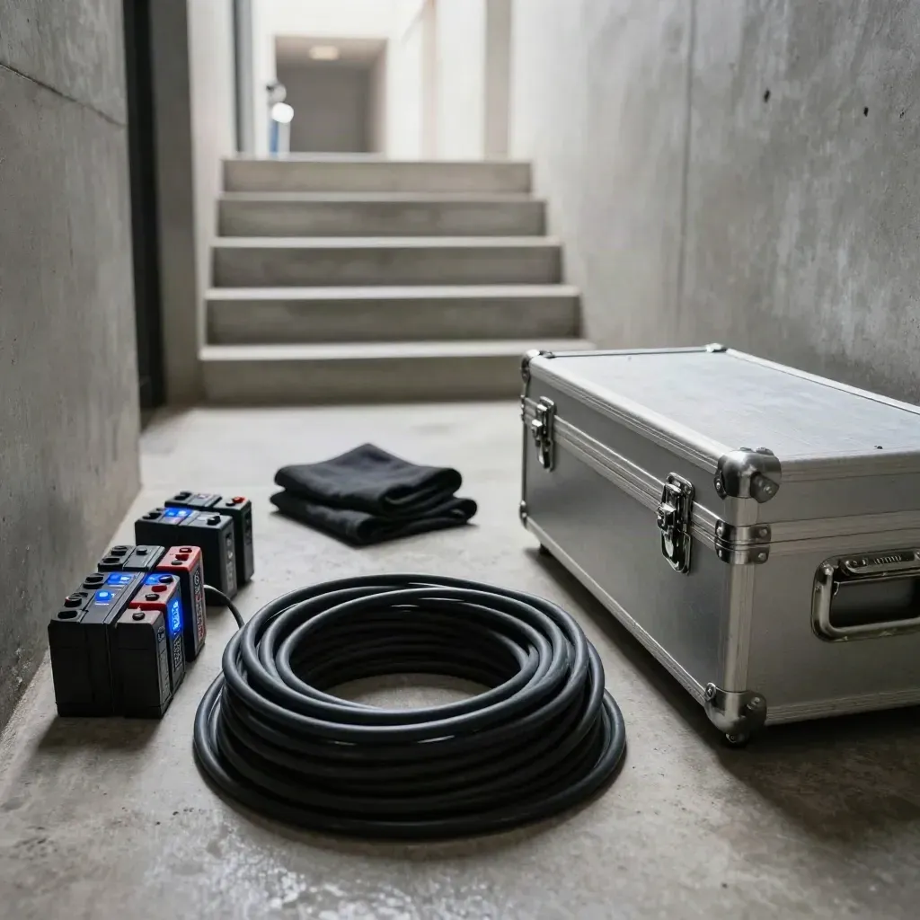 Backstage corridor with cables, battery packs, cloth and a carry case beside concrete steps.