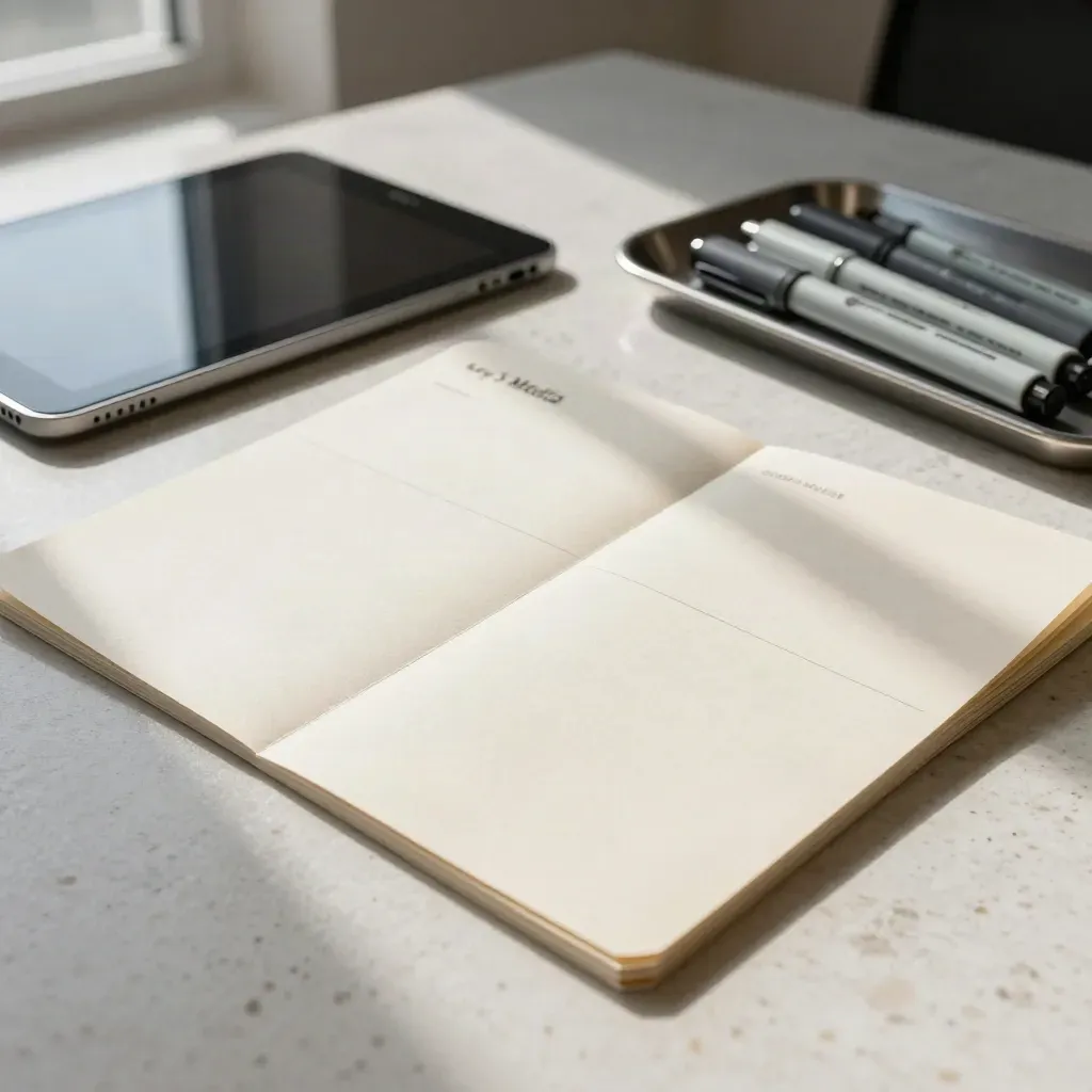 Weekly content planning spread with ivory cards, dark tablets and marker tray in window glow.