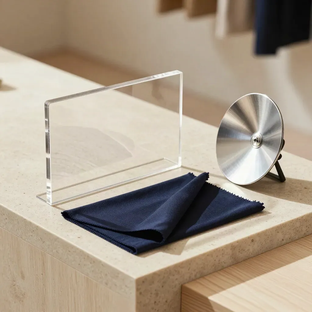 Acrylic riser, navy swatch and spotlight reflector on a warm limestone plinth in soft window light.