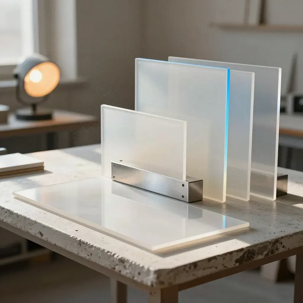 Acrylic title panels, diffusers and silver blocks on a plaster bench in warm afternoon studio light.