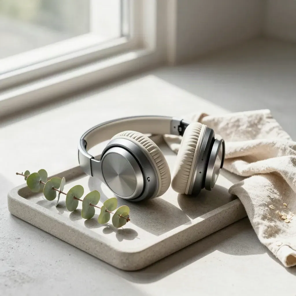 Studio headphones on a stone tray with linen, plant and ceramic bowl in soft window light.