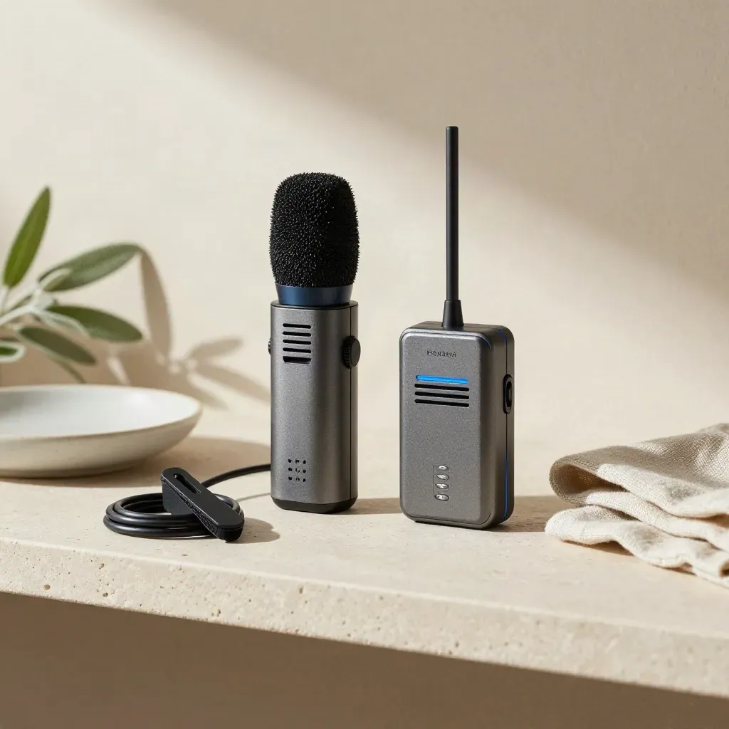 Wireless audio kit with lav mic, dish, cloth and plant on a pale stone shelf.
