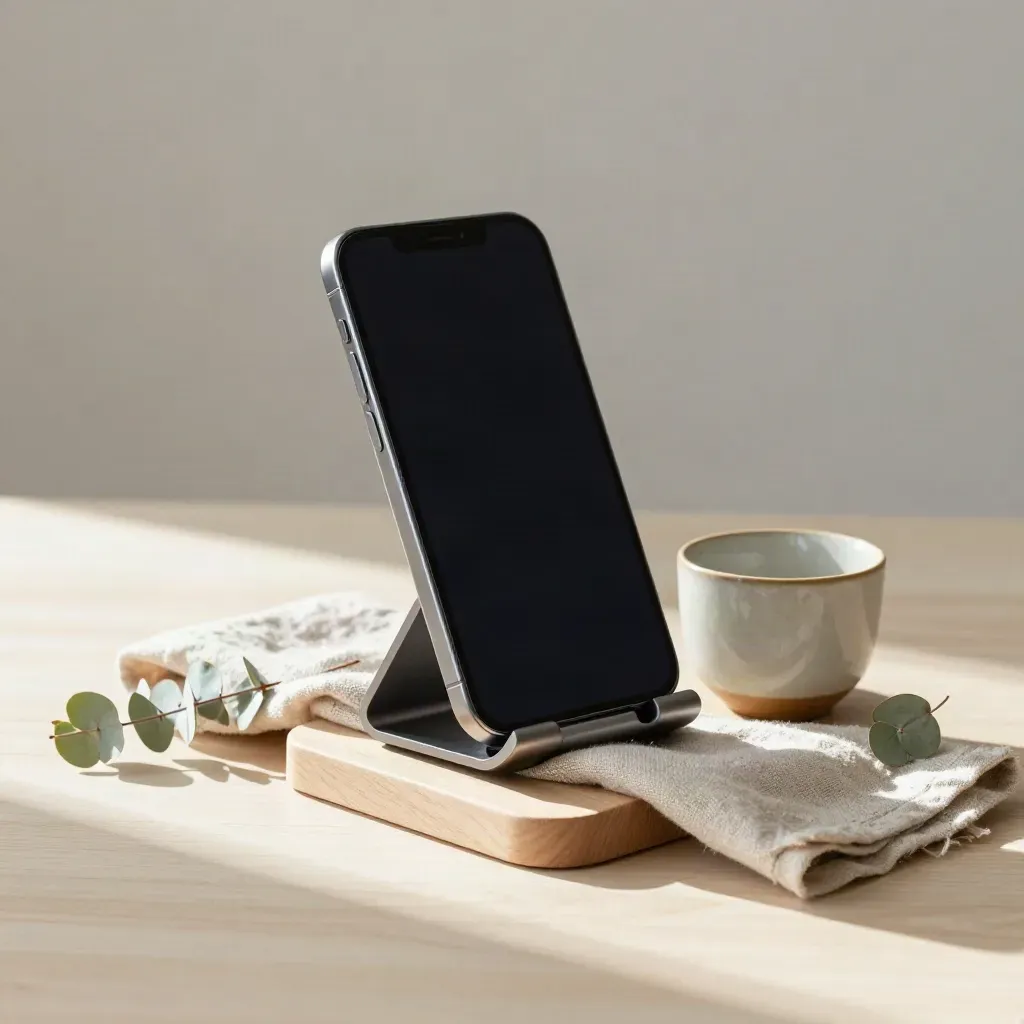 Minimalist phone stand with dark phone, linen cloth, ceramic cup and leaf on pale wood