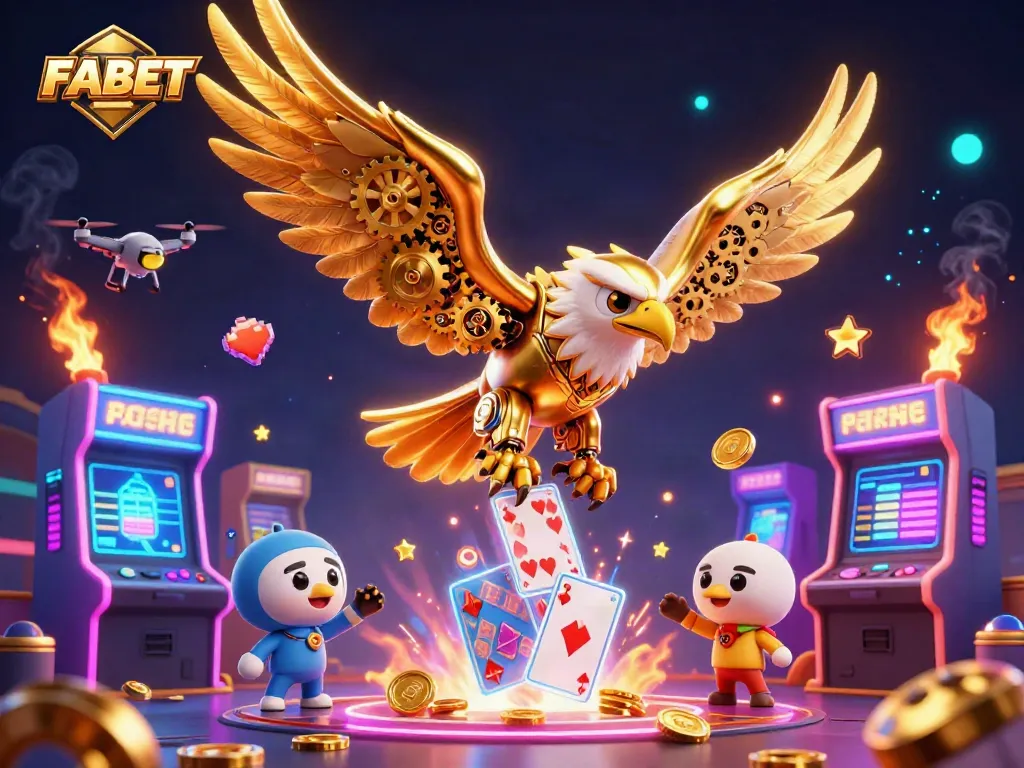 Experience thrilling gameplay at FABET with a vibrant 3D illustration of gaming elements and a cybernetic eagle.