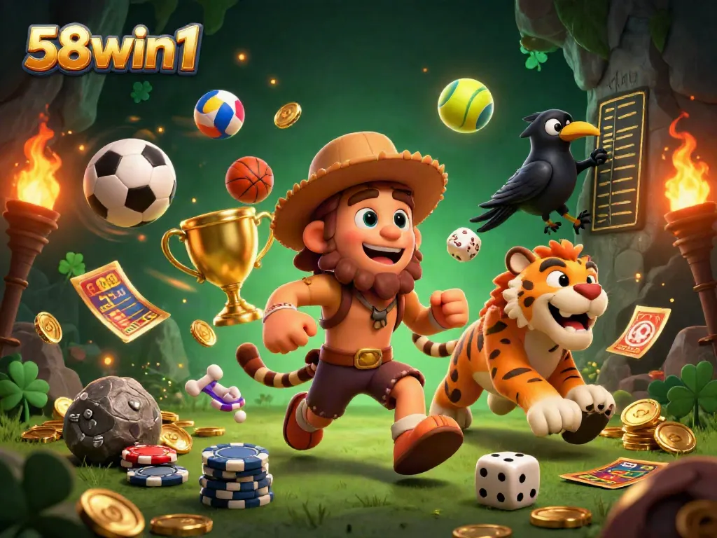 Experience top-tier gaming at 58win1 with a lively prehistoric casino illustration featuring exciting betting elements.