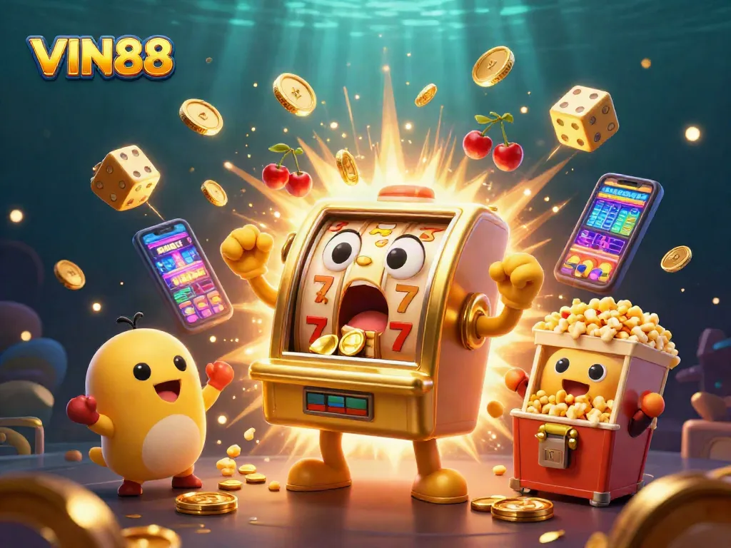 Celebrate wins with VIN88 as cartoon slot machines burst with gold coins in a lively casino scene.