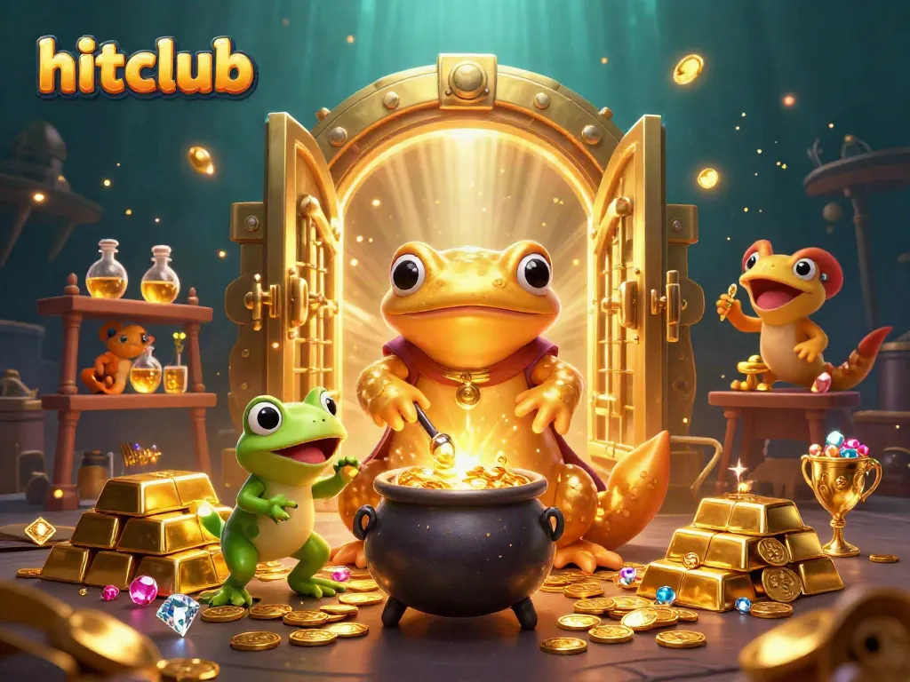 Experience the hitclub magic of winning with gold coins and treasures showcased in a vibrant casino scene.