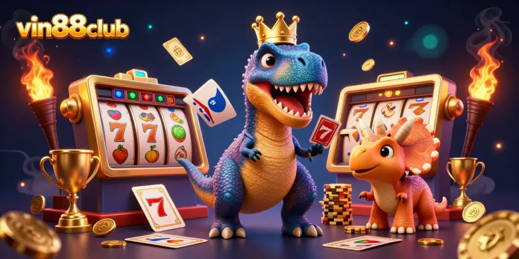 Experience thrilling slots and jackpots at vin88club with vibrant casino scenes and friendly dinosaur characters.