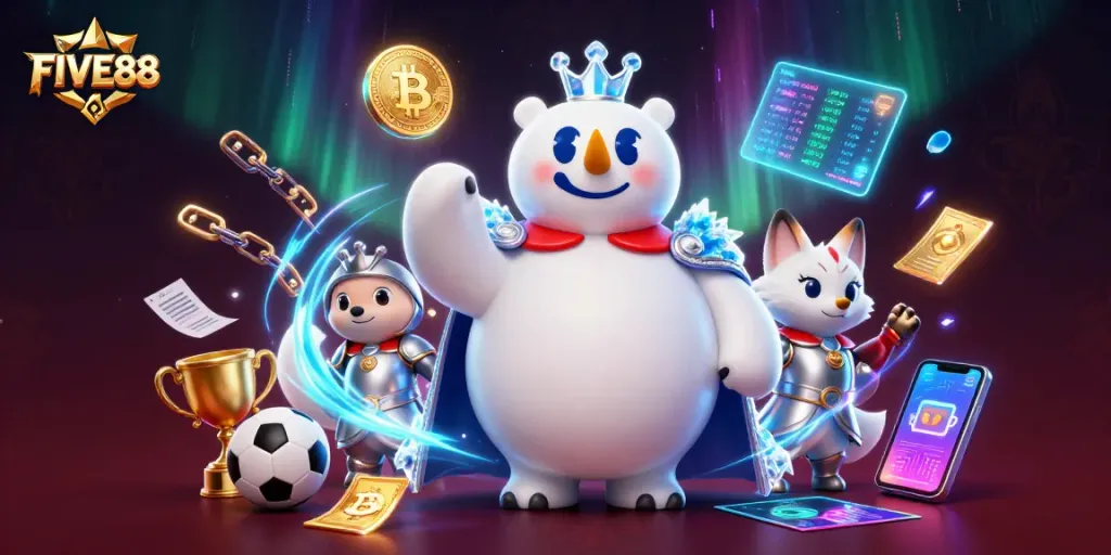 Engage in thrilling sports betting with FIVE88 featuring a polar bear king and fox in a dynamic 3D scene.