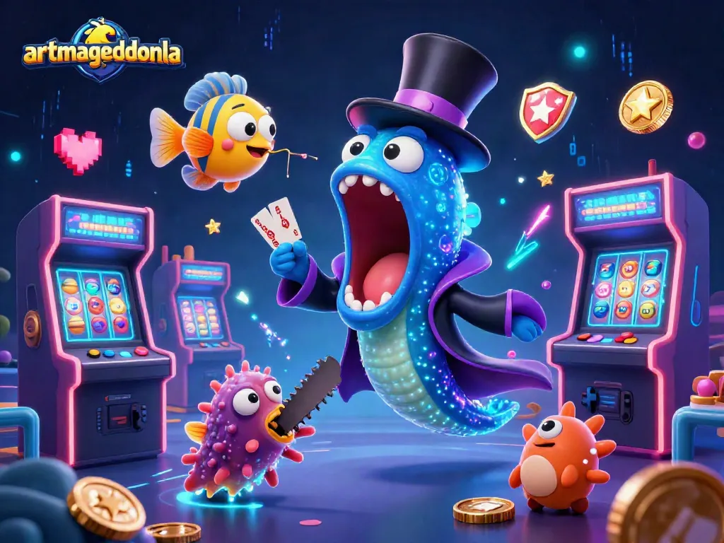 artmageddonla's 3D animated deep-sea casino scene featuring a gulper eel magician performing card tricks