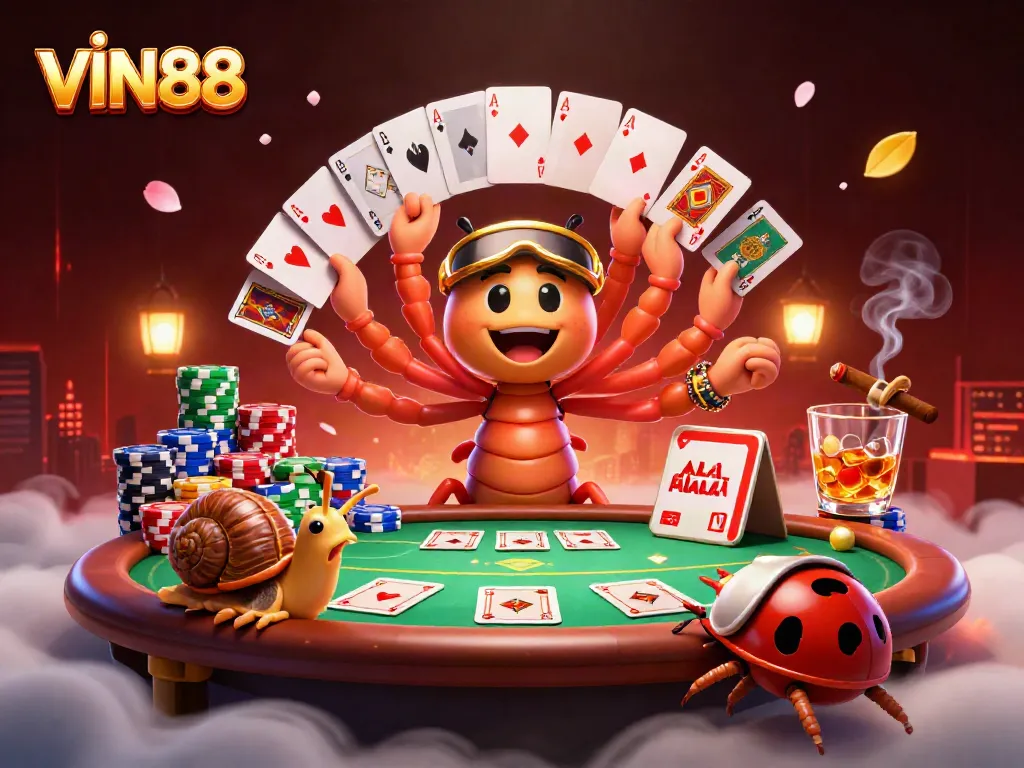 Experience thrilling gameplay with VIN88's vibrant casino scene featuring cartoon dealer and characters.