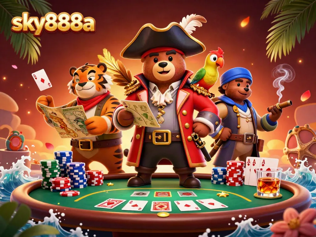Engage in thrilling games at sky888a with dynamic poker action, vibrant characters, and colorful casino elements.