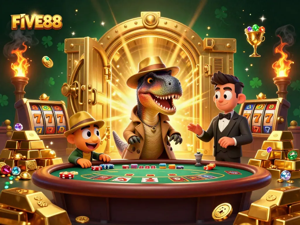 FIVE88 casino scene with a velociraptor card counter at a blackjack table surrounded by winning elements.