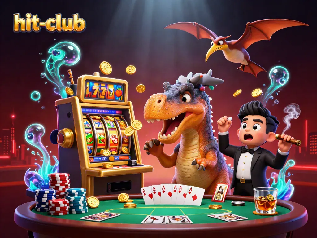Experience jackpot thrills at hit-club with cartoon dinosaurs celebrating coin payouts in a vibrant casino scene.