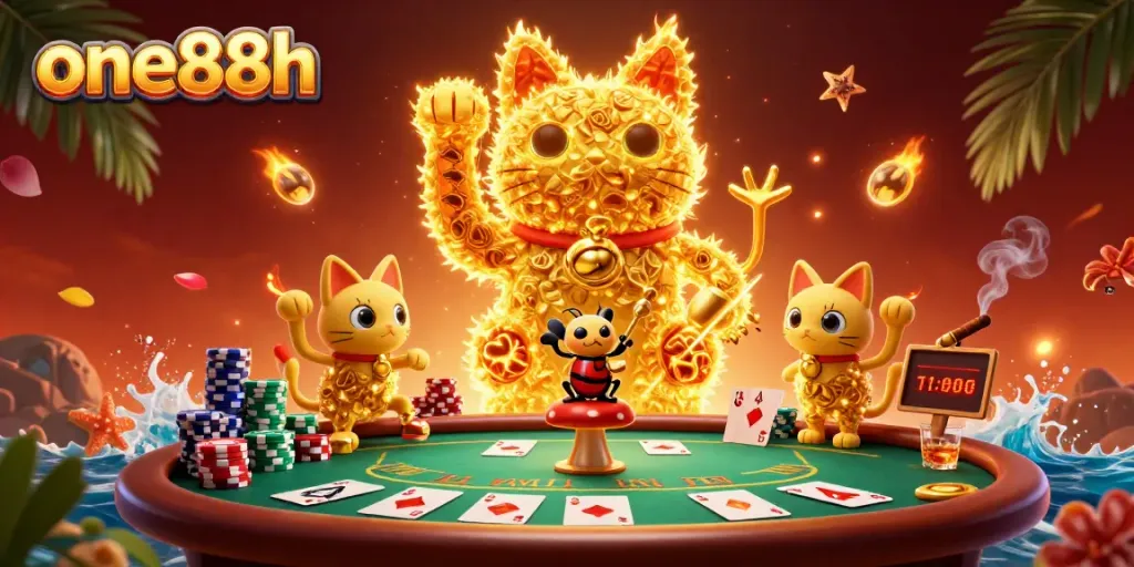 Engage with one88h's vibrant casino atmosphere featuring a dynamic lucky cat.