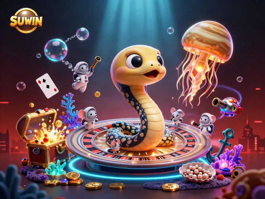 Suwin players engage with a cosmic roulette scene in a vibrant underwater casino setting.