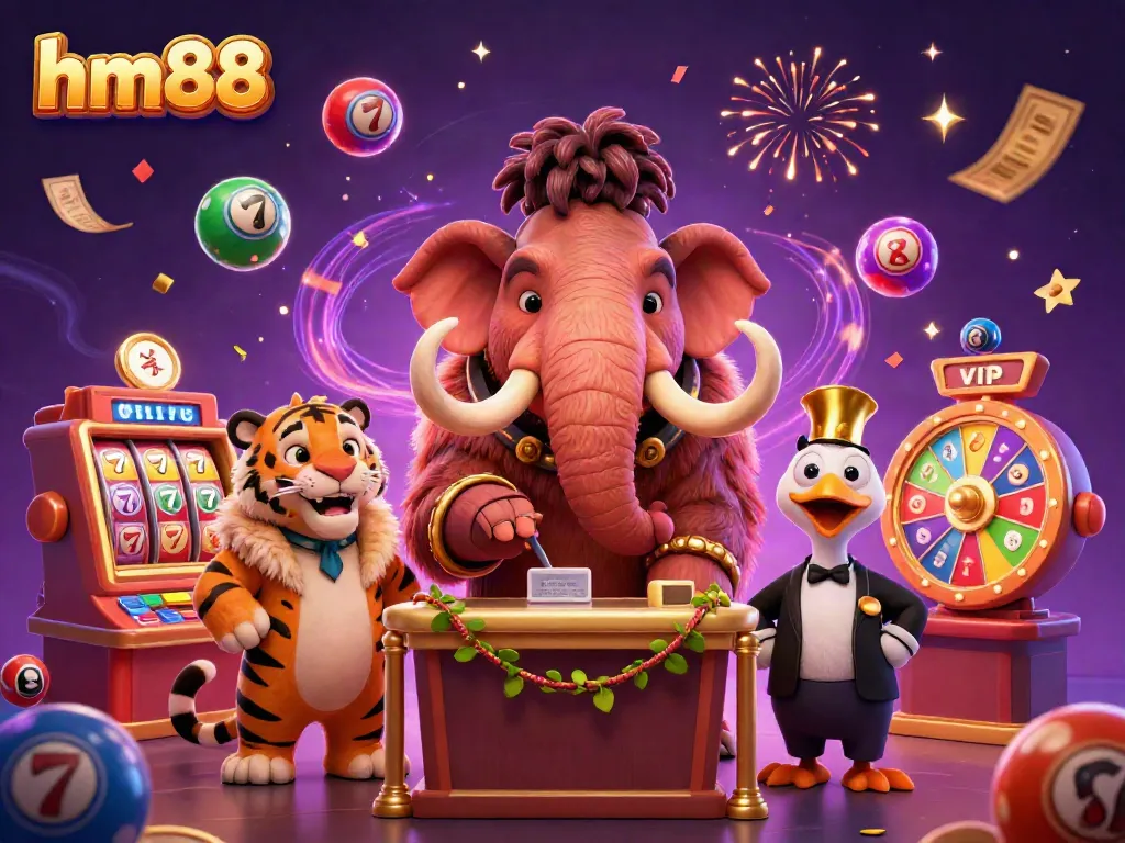 Experience the vibrant world of hm88 with a lively casino scene featuring unique characters and game elements.