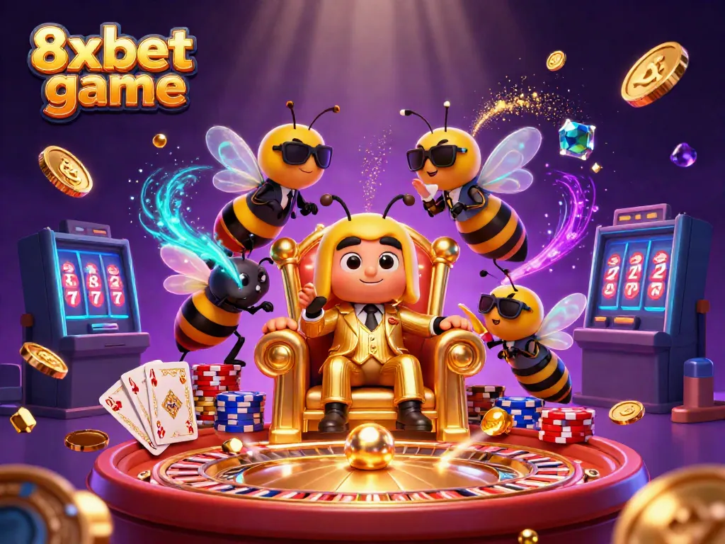 Experience the excitement of 8xbet game with vibrant characters, cascading coins, and dynamic casino elements.
