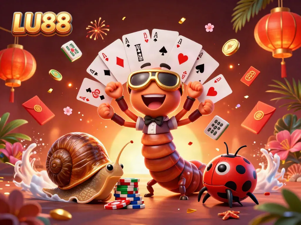 Experience the thrill of LU88 with a vibrant casino scene featuring a unique millipede dealer.