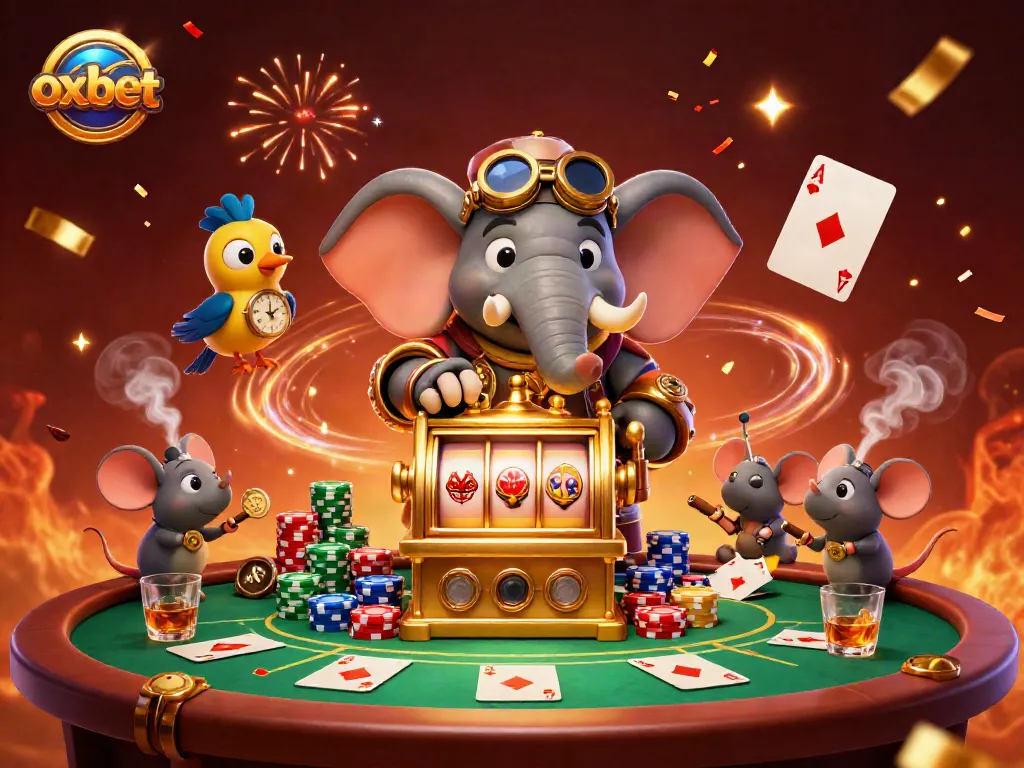 Spin the golden slot machine with oxbet's colorful poker chips flying around in a celebratory casino scene.
