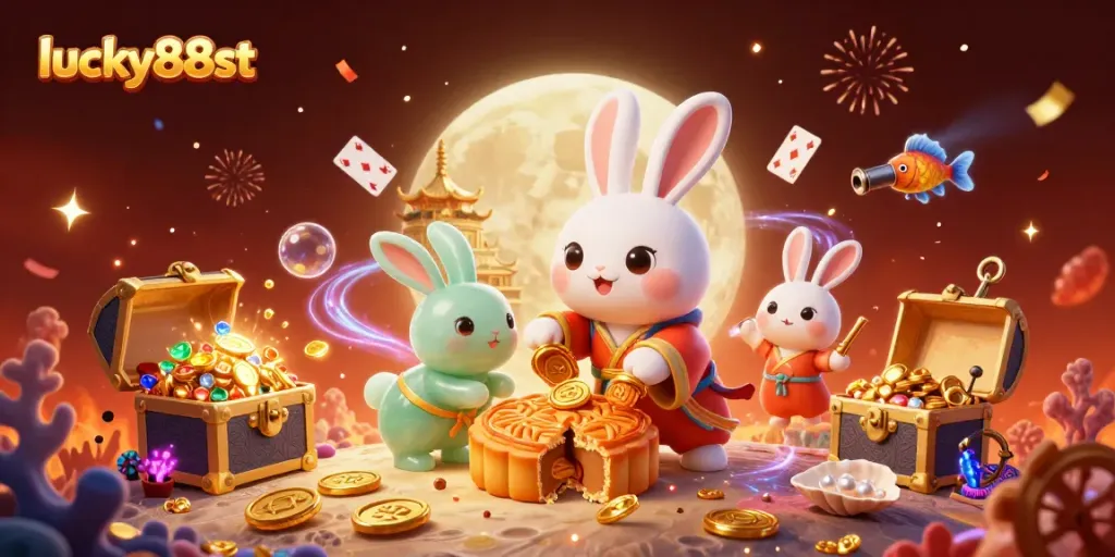 Experience thrilling gaming at lucky88st with a vibrant lunar scene of a moon rabbit and treasures.