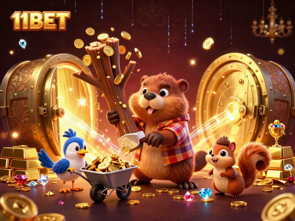 11BET engages players with a vibrant casino scene filled with golden coins, treasures, and animated characters.