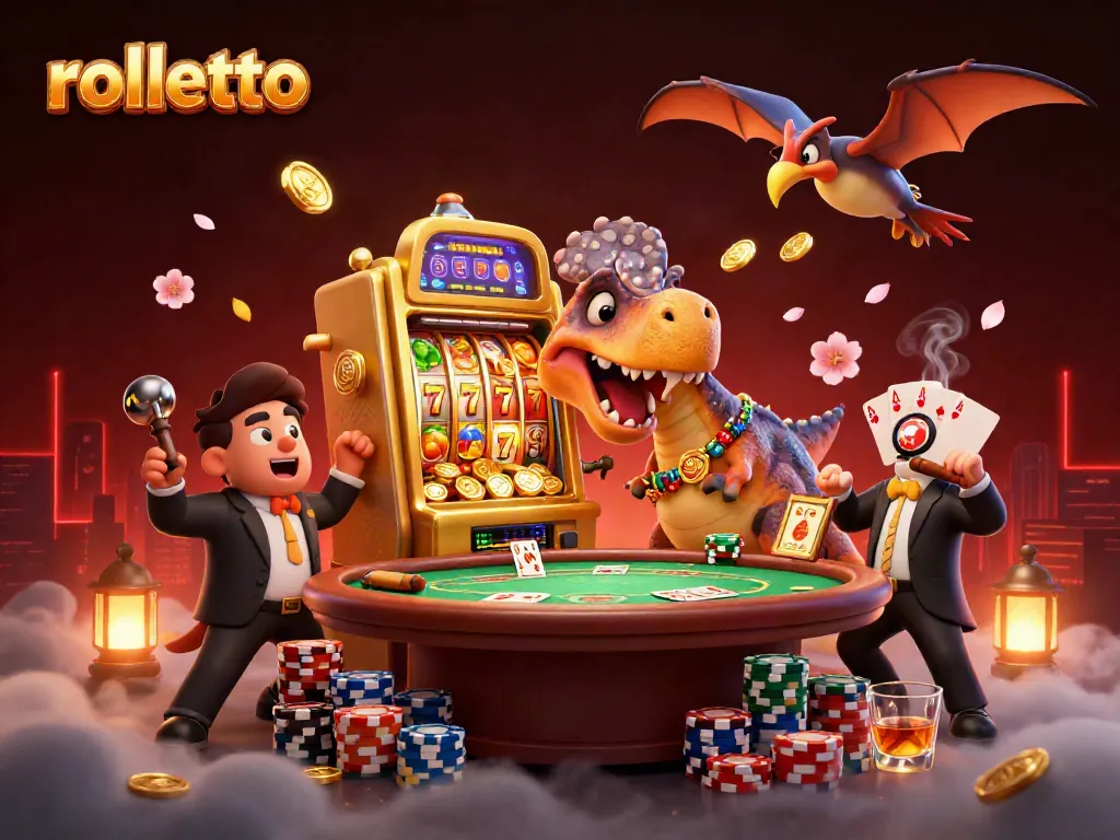 rolletto casino illustration with characters playing slots, showcasing vibrant gaming action and excitement