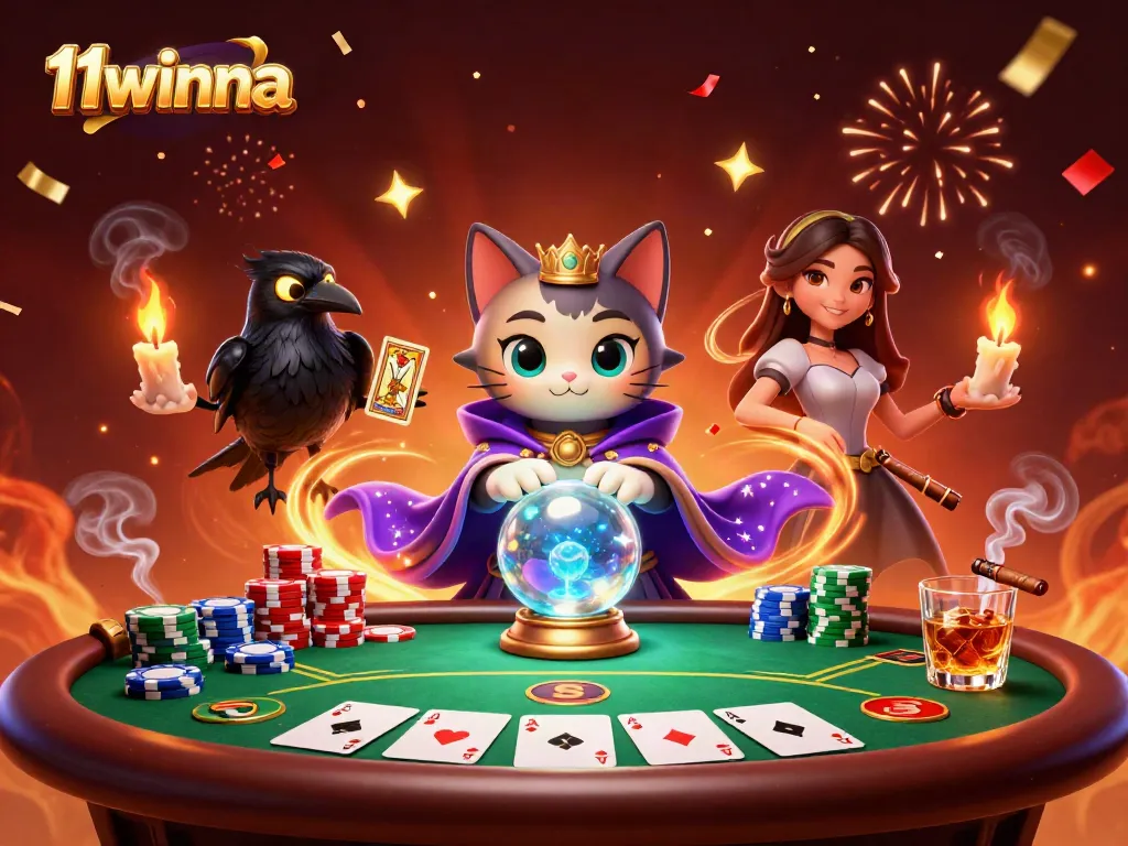 Engage in thrilling poker with 11winna featuring a mystical cat and raven in a vibrant casino scene.