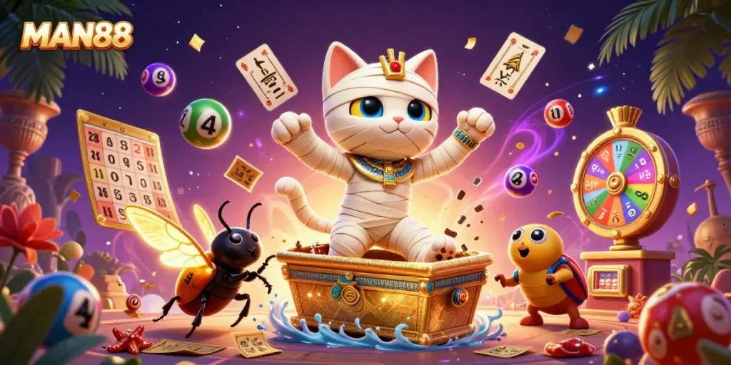 Engage with MAN88's vibrant casino adventure featuring a mummy cat and golden elements.