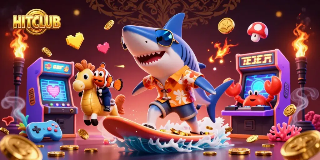 Engage with HITCLUB's vibrant gaming world through a dynamic 3D illustration full of excitement.