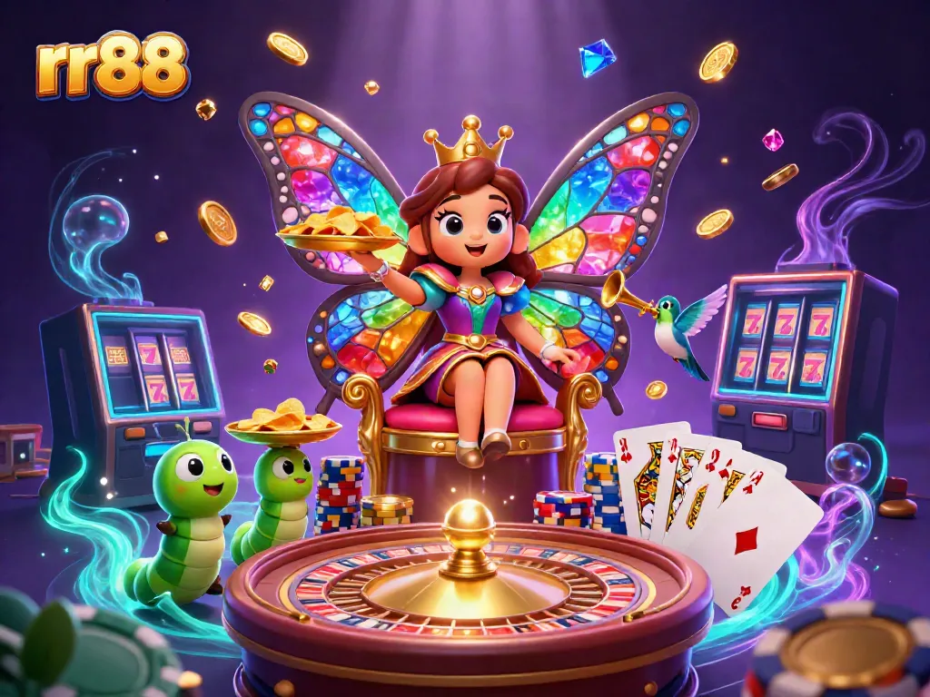 Experience the enchanting charm of rr88 with a butterfly queen, golden chips, and vibrant casino elements.