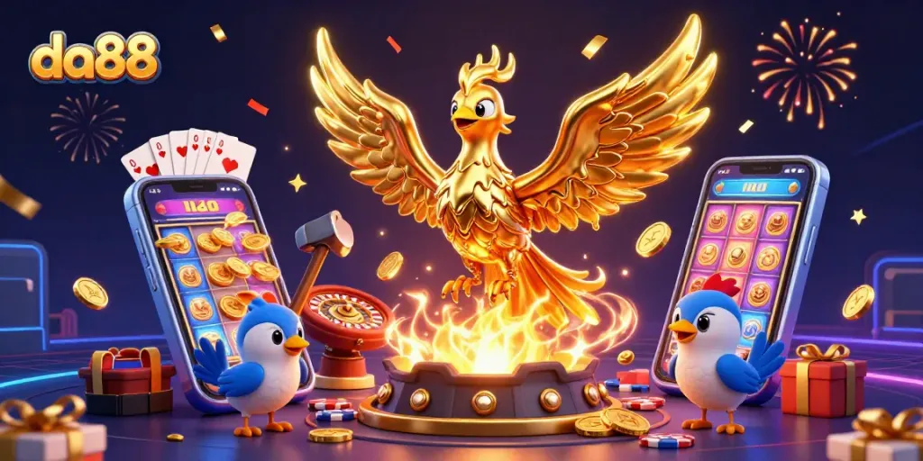 Experience the excitement of da88 with a stunning 3D illustration of a molten golden phoenix and casino elements.