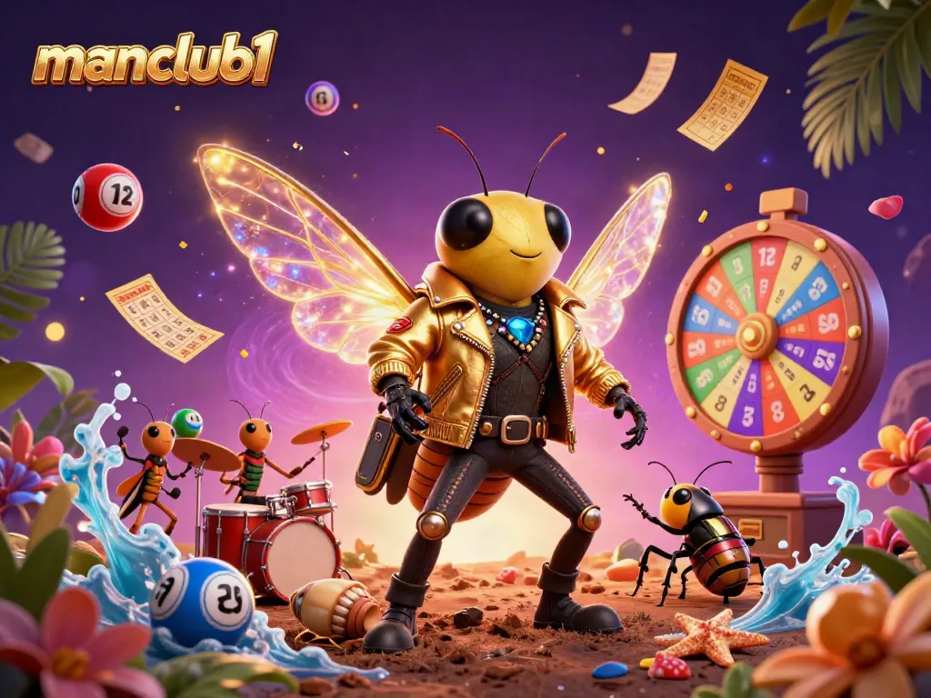 Experience the excitement of manclub1 with a colorful lottery-themed scene featuring lively characters and dynamic game elements.