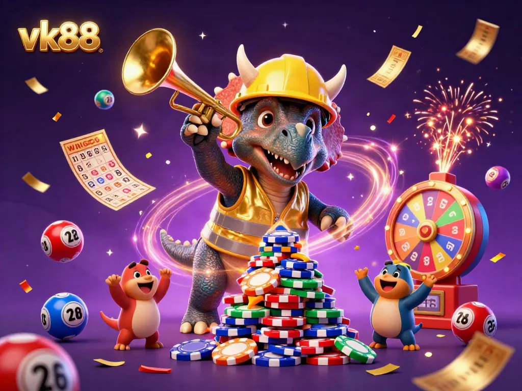 Celebrate big wins with vk88 as triceratops builds poker chips in a vibrant casino scene.