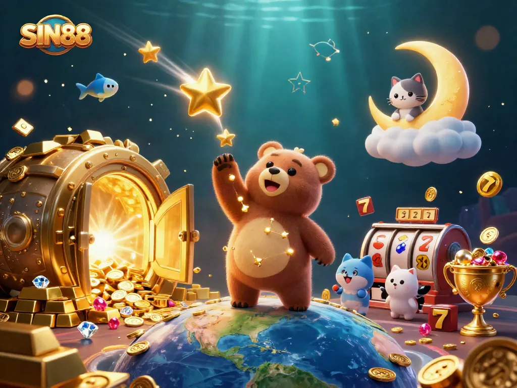 SIN88 offers thrilling jackpots with cartoon characters amidst a dazzling casino landscape.