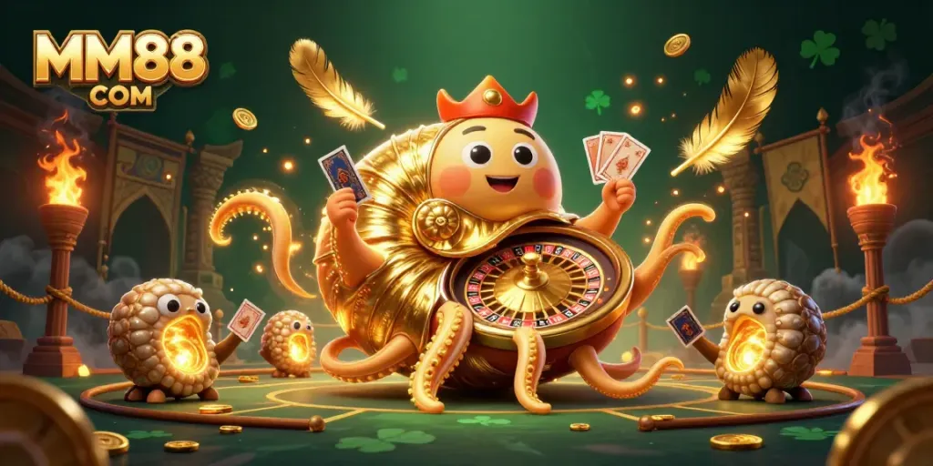 Engage in thrilling games with MM88 COM in a vibrant casino scene featuring dynamic characters.