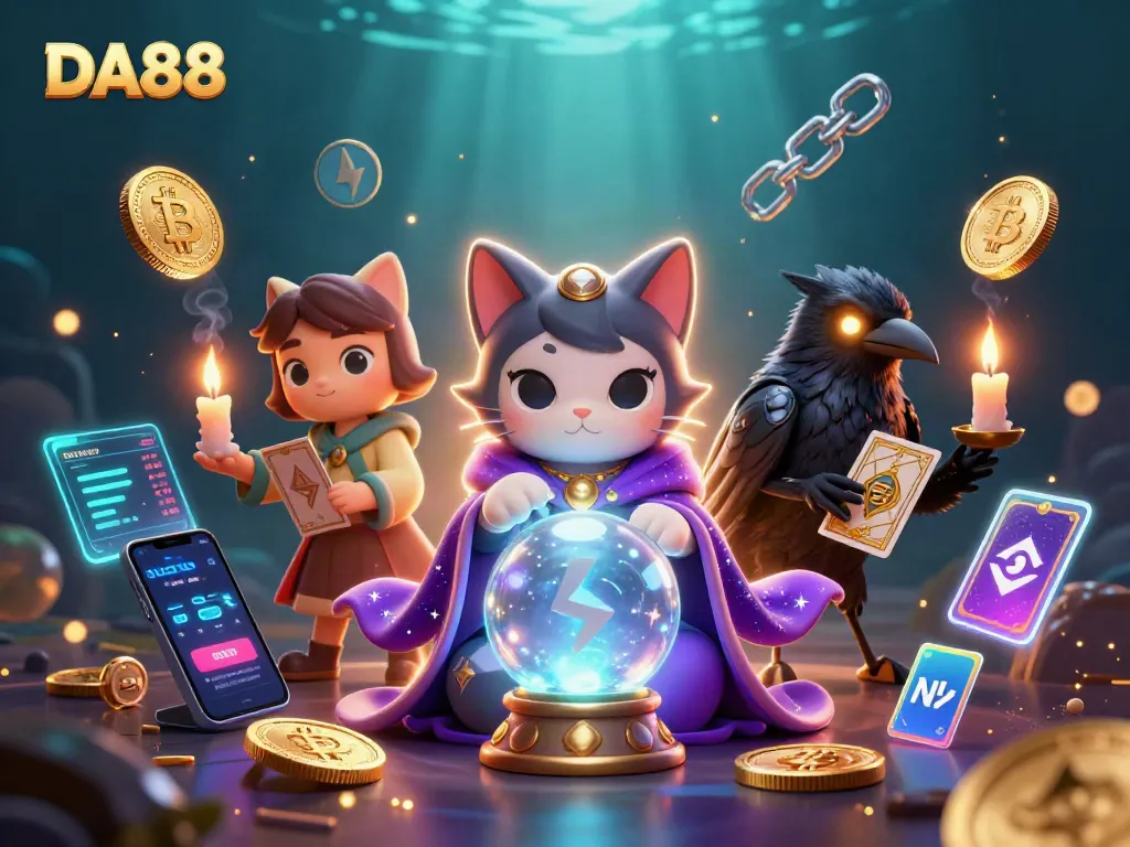 Experience captivating betting moments with DA88 featuring a mystical scene of fortune and crypto.