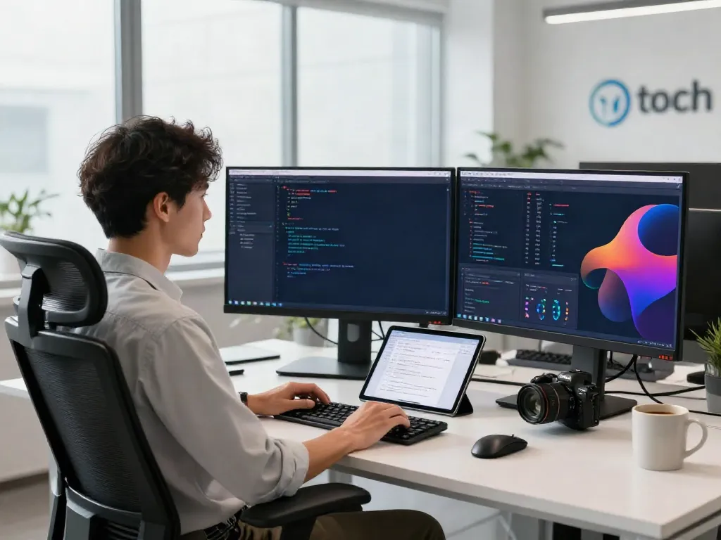 Software developer enhancing instant indexing capabilities in a modern tech workspace