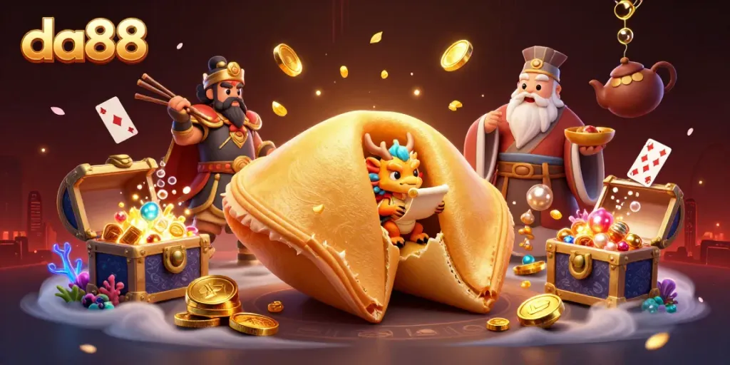 Engage with da88's exciting gaming world through a vibrant 3D illustration featuring treasures and adventure.