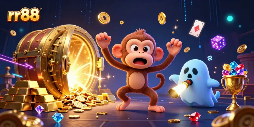 rr88 players engaging in thrilling casino adventures with a mischievous ghost and treasures