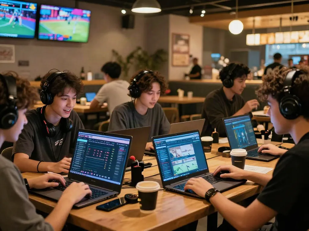 Social gaming scene at a stylish cafe exploring https://9bet.ru.com/ with young adults engaged in betting activities.