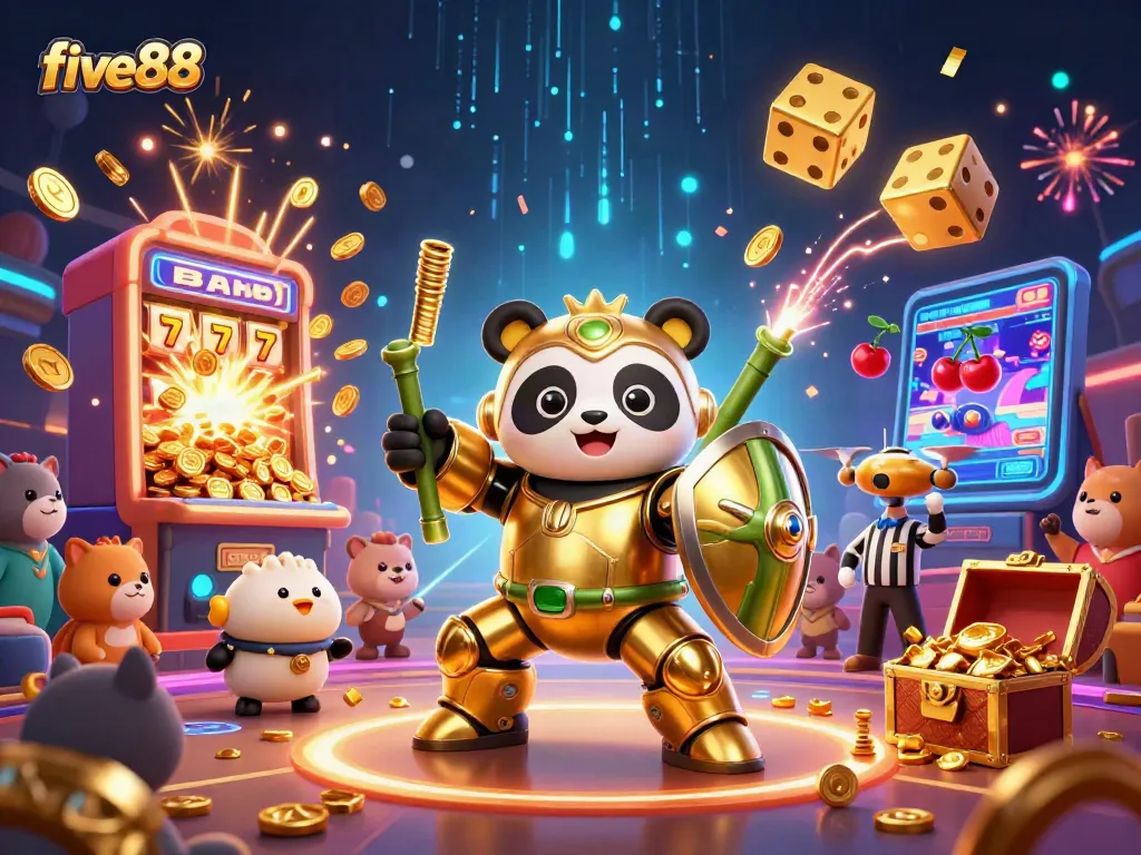 Experience the thrilling five88 gaming action with a golden panda robot amidst a jackpot explosion and celebrating animals.