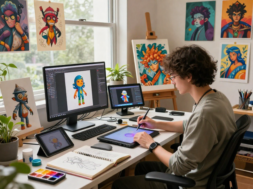 Artist creating AI NSFW art in a vibrant creative studio filled with digital tools and inspiration.