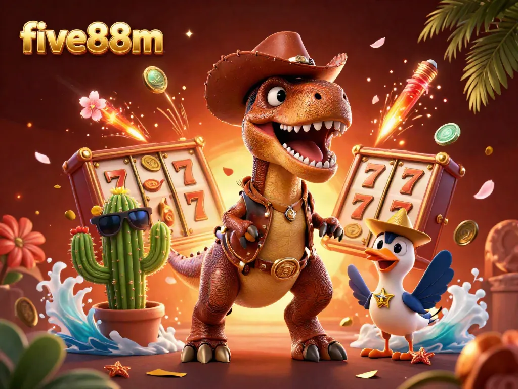Engage with five88m's animated gaming experience featuring lively characters amidst captivating slot game elements.