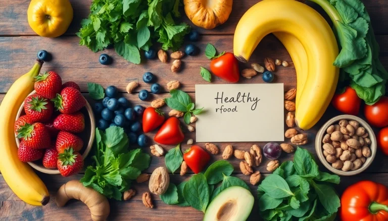 Healthy Food spread featuring vibrant fruits, vegetables, and nuts on a rustic table.