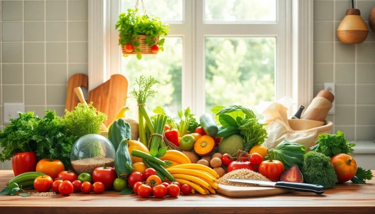 Prepare a feast of Healthy Food ingredients artfully arranged in a sunlit kitchen setting.