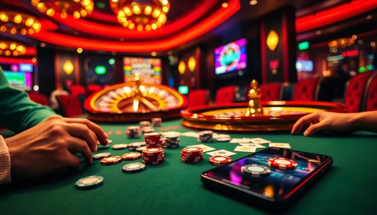 Experience exhilarating gameplay at https://bancaonline88.com/ featuring players at a poker table with vibrant poker chips.