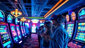 Explore a vibrant casino scene showcasing New Technology with futuristic gaming equipment and immersive digital experiences.