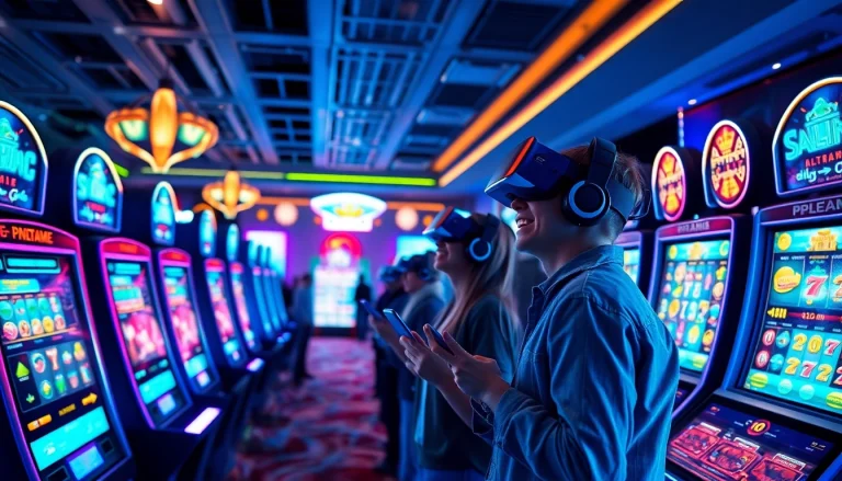 Explore a vibrant casino scene showcasing New Technology with futuristic gaming equipment and immersive digital experiences.