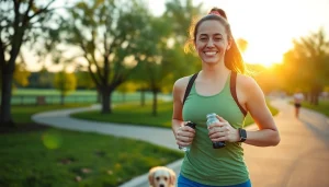 Engaging in Weight Loss through outdoor exercise, a cheerful individual jogging in a park at sunrise.